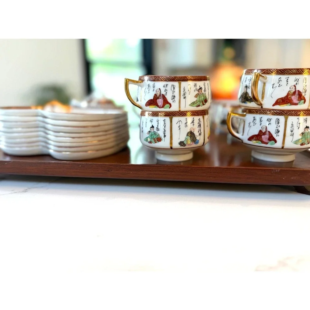 Antique Vintage Japanese KUTANI 100 Poets‎ Porcelain Tea Set Gold Gilt
